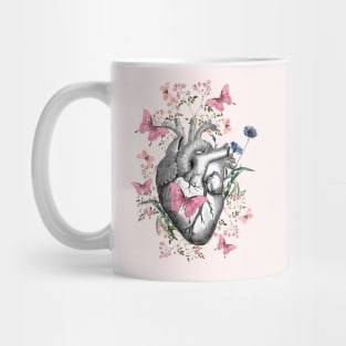 Floral and pink butterflies with Human Heart in love, vintage effect watercolor pink  flowers, Heart, anatomical Human heart Mug